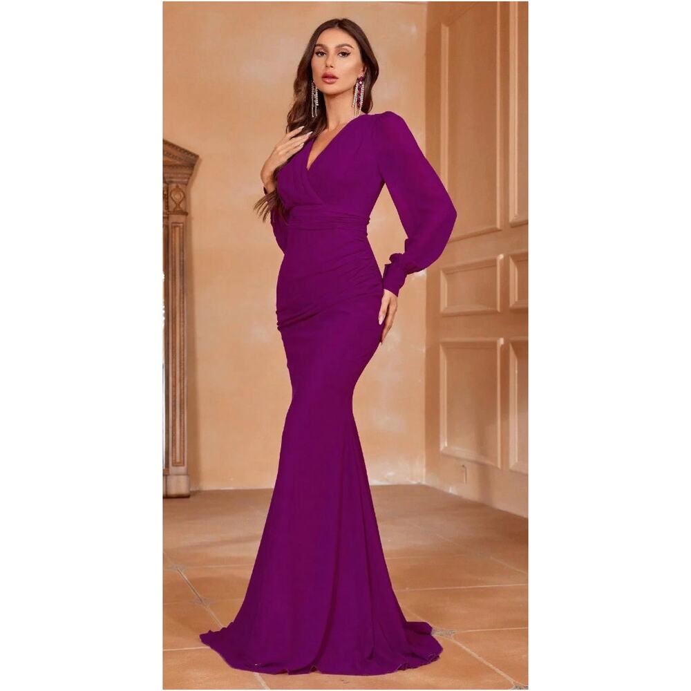 Faeriesty Surplice Neck Lantern Sleeve Chiffon Mermaid Dress in Purple sz Medium